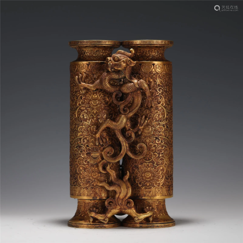 A GILT-BRONZE DRAGON TWIN VASES