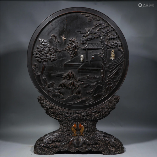 A HARD-STONES INLAID CARVED ROSEWOOD TABLE SCREEN