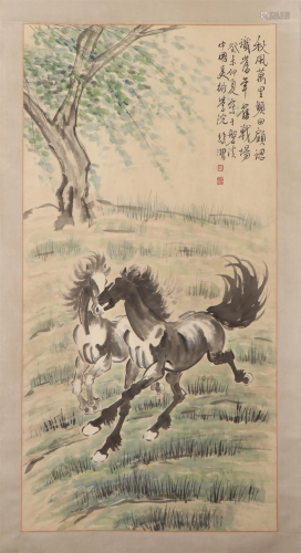 A CHINESE PAINTING OF GALLOPING HORSES