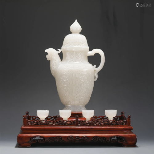 A SET OF FINE CARVED WHITE JADE WINE-WARES