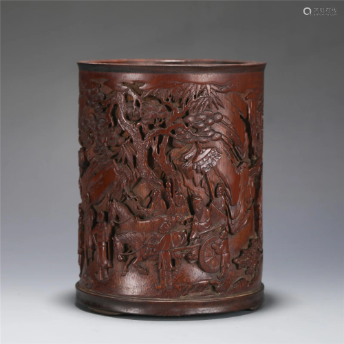 A FINE CARVED FIGURAL STORY BRUSHPOT