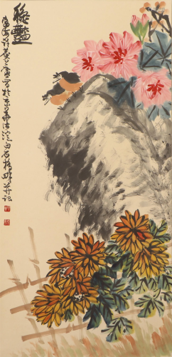 A CHINESE PAINTING OF BIRDS ON ROCK