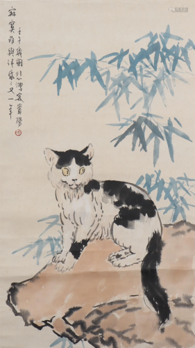 A CHINESE PAINTING OF CAT ON ROCK