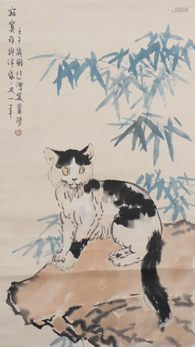 A CHINESE PAINTING OF CAT ON ROCK