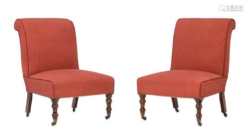 A pair of stained beech and upholstered side chairs in Victo...