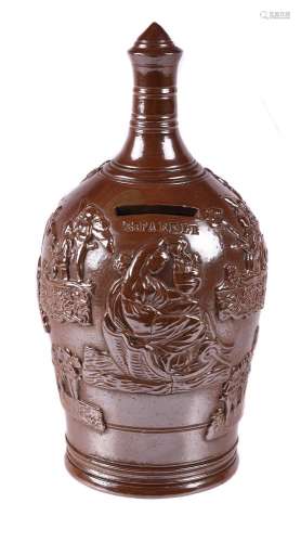 An English brown salt-glazed stoneware bottle-shaped commemo...