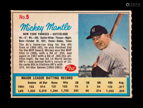 A 1962 Post Cereal Mickey Mantle Baseball Card No. 5