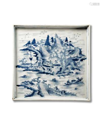 A blue and white 'landscape' square tray