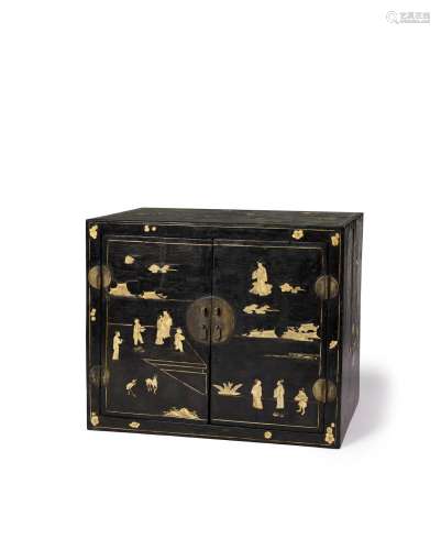 A bone-inlaid 'figures' black lacquered chest