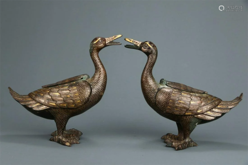 A Pair of Copper Bodied Duck Ornaments with Gold and