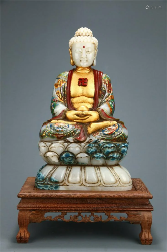 Coloured Hetian Jade Statue of Sakyamuni