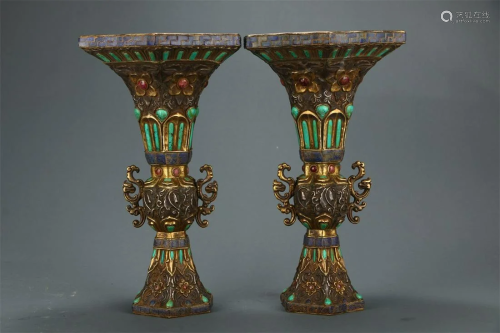 A Pair of Gilt Copper Vases