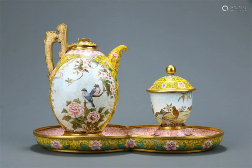 A Set of Copper Bodied Enamel Tea Set