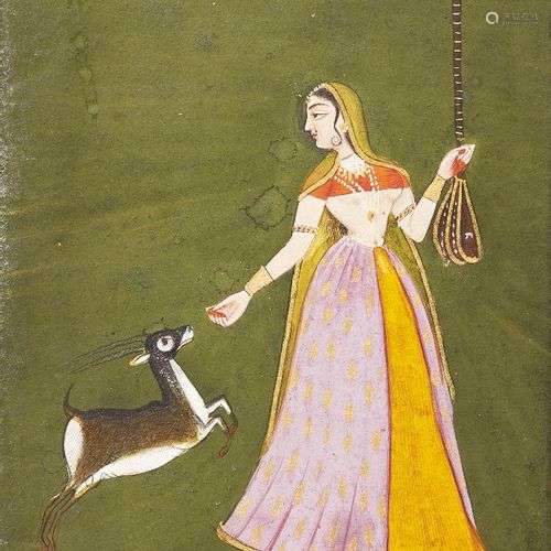 Dame avec un instrument à cordes et une gazelle, Bikaner, Ra...