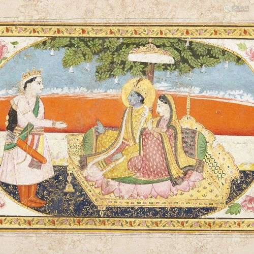 Krishna et Radha recevant un prince, Kangra, début du 19e si...