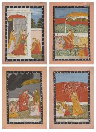 Quatre illustrations d'une série de Ragamala : Région du Pah...