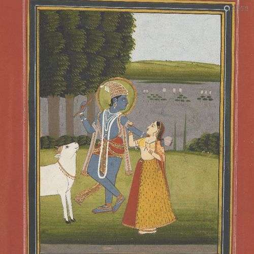 Krishna embrasse Radha près de la rivière Yamuna, Jaipur, Ra...