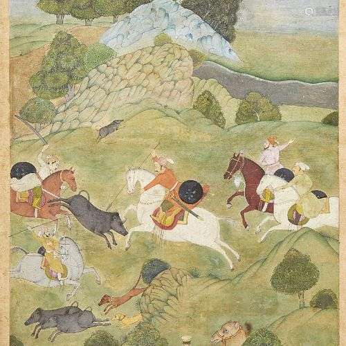 Une scène de chasse au sanglier, Rajasthan, Inde, 19ème-débu...