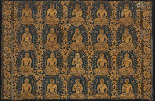 A RARE BLUE SILK LAMPAS 'FIVE DHYANI BUDDHAS' PANEL 10th-13t...