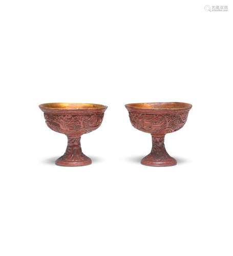 A PAIR OF CINNABAR LACQUER CARVED STEM CUPS