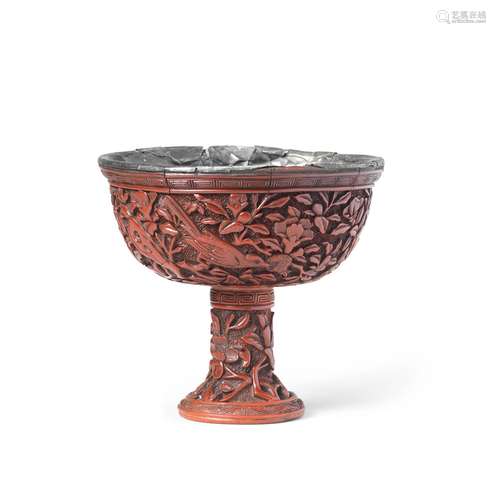 A CINNABAR LACQUER CARVED STEM CUP