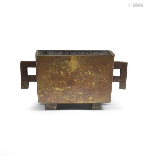 A gold-splashed bronze rectangular incense burner, gui