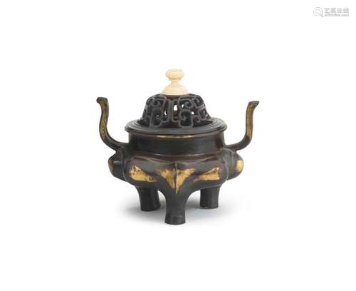 A GOLD-SPLASHED BRONZE LOBED TRIPOD INCENSE BURNER, LIDING