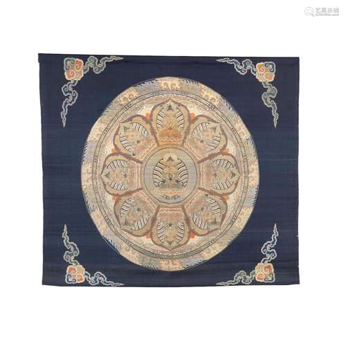 A MIDNIGHT-BLUE SILK BROCADE 'AMITAYUS' MANDALA