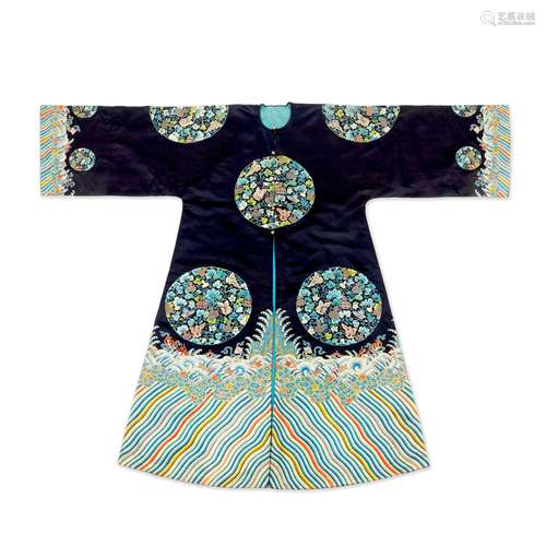 A rare midnight-blue-ground silk embroidered 'butterfly and ...