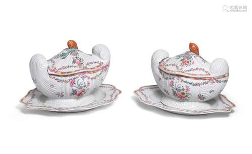 A PAIR OF FAMILLE ROSE ROCOCO SHELL-SHAPED TUREENS, COVERS A...