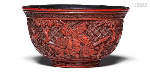 A RARE CARVED CINNABAR LACQUER 'HUNTING SCENE' BOWL