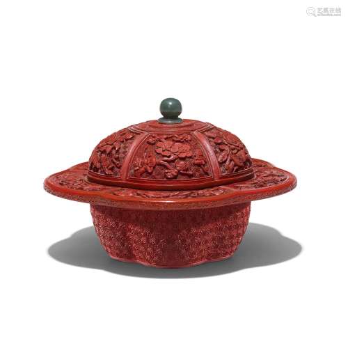 A CARVED CINNABAR LACQUER PRUNUS-SHAPED BOWL AND COVER, ZHAD...