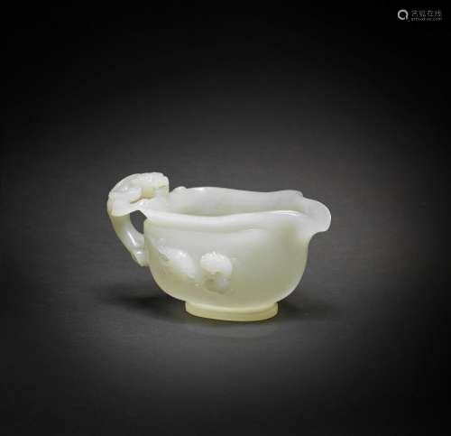 A FINE AND RARE WHITE JADE 'DRAGON AND YOUNG' POURING VESSEL...