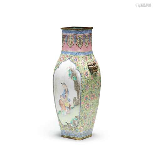 A FINE AND RARE PAINTED ENAMEL AND GILT-BRONZE SQUARE VASE