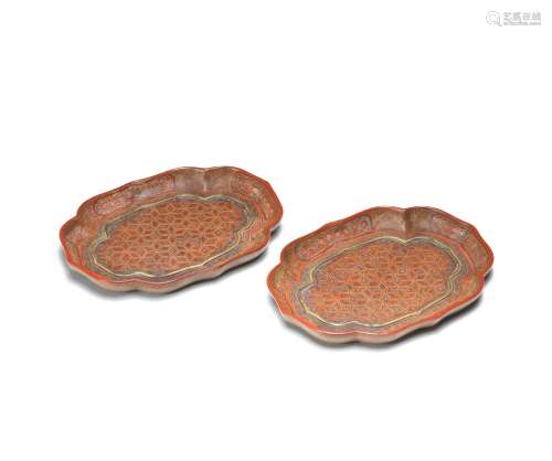 A RARE PAIR OF QIANGJIN AND TIANQI LACQUER QUATRELOBED TRAYS