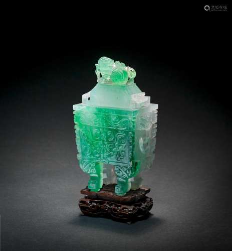 A SUPERB JADEITE ARCHAISTIC INCENSE BURNER AND COVER, FANGDI...