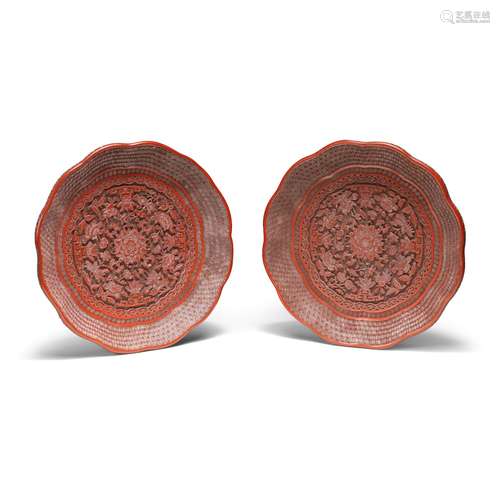 A PAIR OF CINNABAR LACQUER CARVED LOBED DISHES