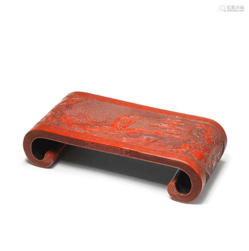 AN UNUSUAL CINNABAR LACQUER CARVED SCROLL-SHAPED STAND