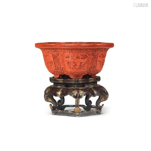 A CINNABAR LACQUER CARVED PRUNUS-SHAPED JARDINIÈRE