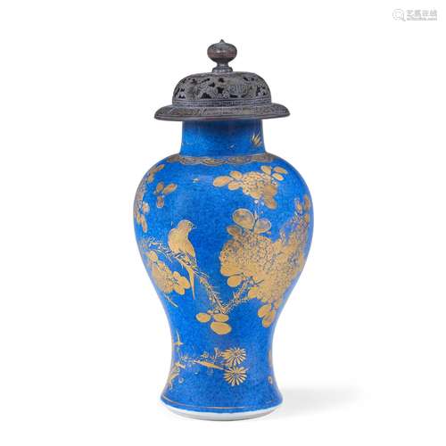 A POWDER-BLUE GILT-DECORATED BALUSTER VASE