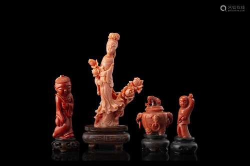 Four red coral carvings (defects) China, early 20th century ...