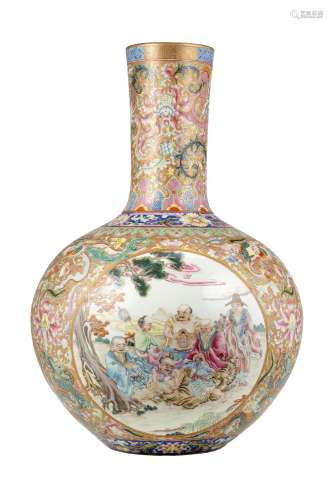 An eighteen Luohan bulb vase, Qianlong apocryphal mark to th...