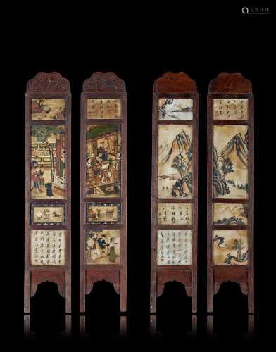 Two wood panels with eight stone plaques painted with figure...