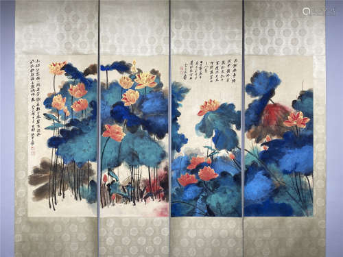 A SET OF FOUR CHINESE VERTICAL LOTUS PAINTING SCROLLS