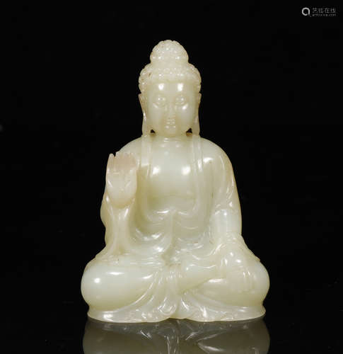 A CHINESE ANTIQUE HETIAN JADE SHAKAYAMUNI BUDDHA STATUE