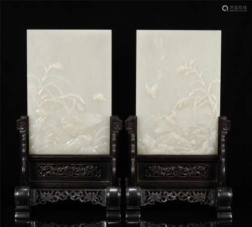 A PAIR OF WHITE JADE TABLE SCREENS ATTRIBUTED TO QING DYNAST...