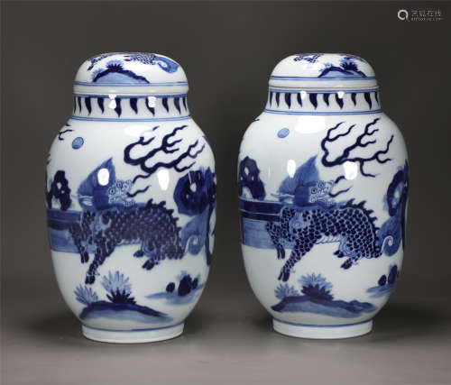 A PAIR OF QING STYLE PORCELAIN LIDDED JARS