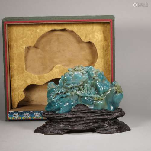 A CHINESE XI AN GREEN STONE LANDSCAPE DISPLAY ORNAMENT