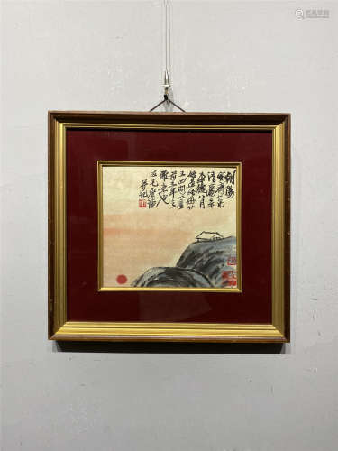 A FRAMED HAND-PAINTED CHINESE LANDSCAPE PAINTING