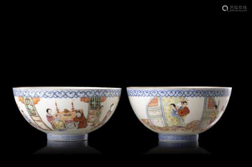 A pair of white porcelain bowls, decorated with figures in a...
